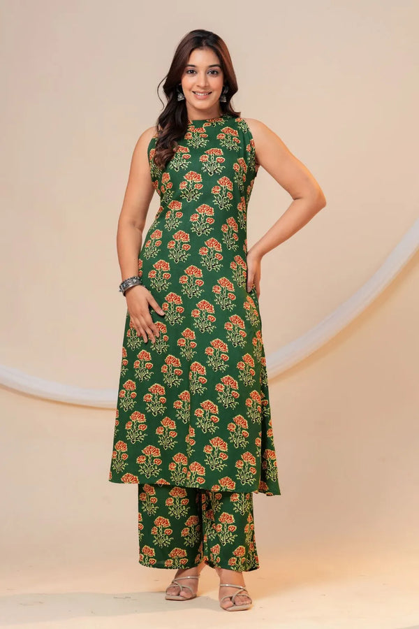 Green Floral Printed Viscose Rayon Kurta Pant Co-Ord Set