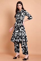 Women Black Abstract Printed Viscose Rayon Kurta Set | Shirt Collar Kurti with Pants