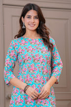 Turquoise Floral Printed Pure Cotton Kurta Pant Set for Women