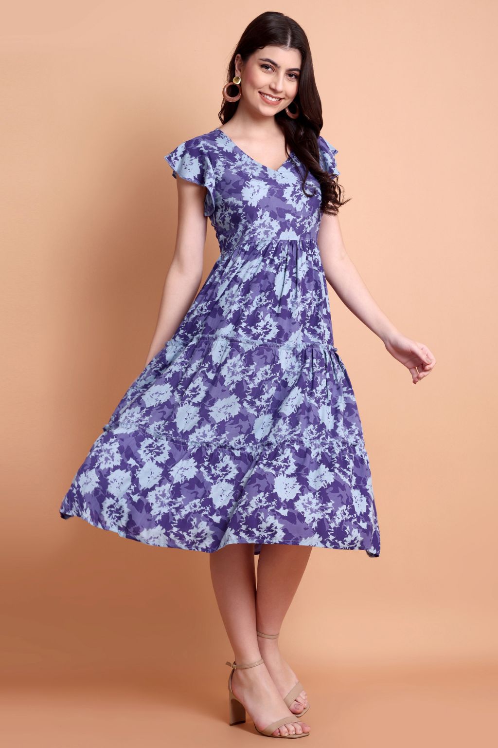 Purple Printed Viscose Rayon Tiered Midi Dress for Women