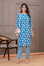 Blue Floral Printed Cotton Kurta Pant Set for Women