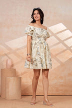 Women's Cream Floral Print Smocked Waist Mini Dress