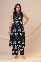 Women's Black Printed Viscose Rayon Kurta Pant Co-Ord Set