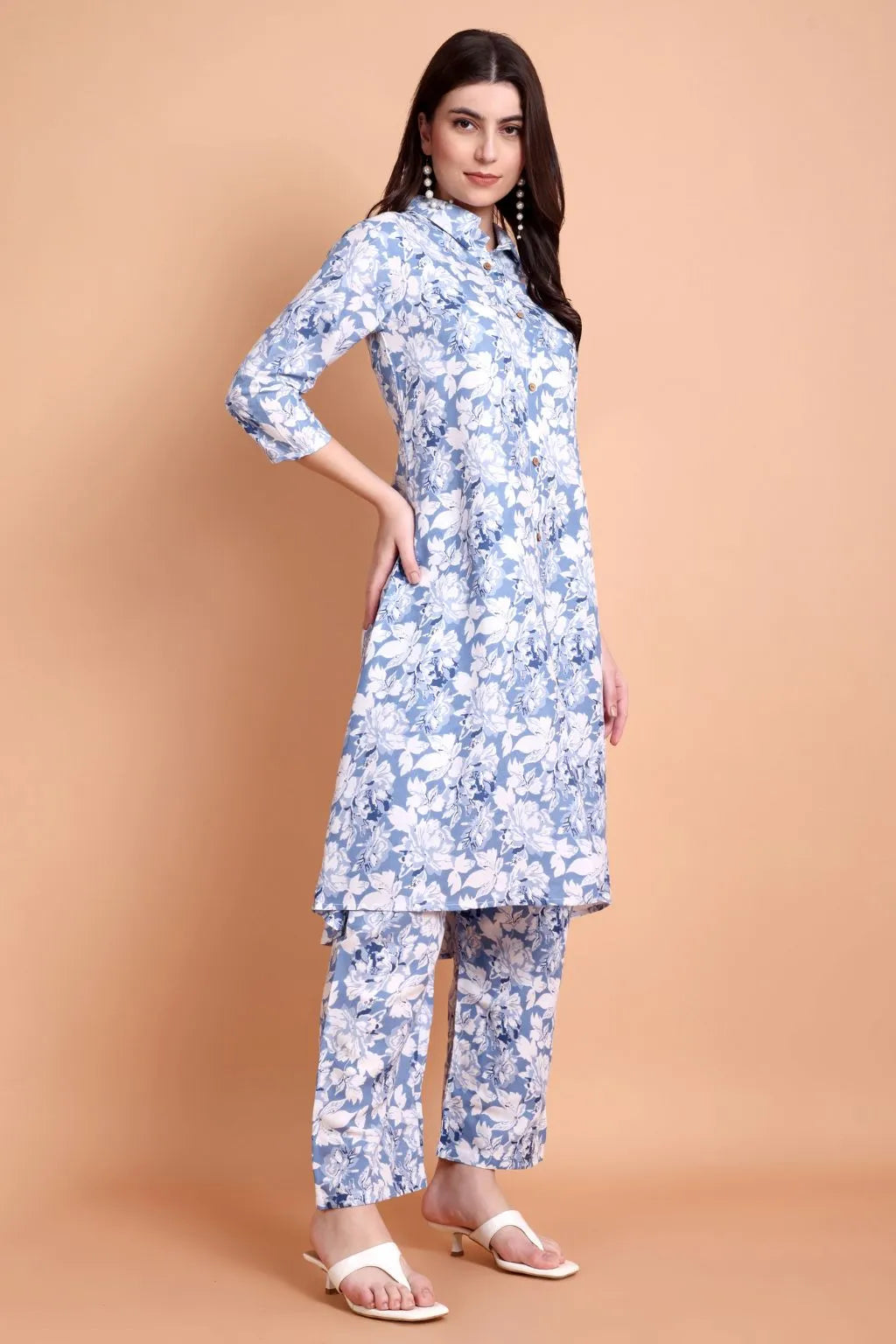 Women Blue Floral Printed Viscose Rayon Kurta Set | Shirt Collar Kurti with Pants
