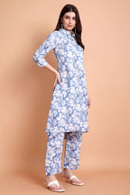 Women Blue Floral Printed Viscose Rayon Kurta Set | Shirt Collar Kurti with Pants