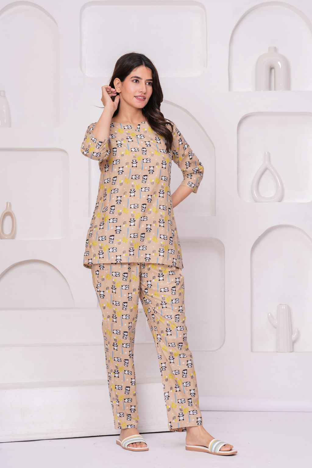 Beige Cartoon Printed Cotton Night Suit Set for Women