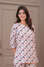 White Elephant Printed Cotton Night Suit Set for Women