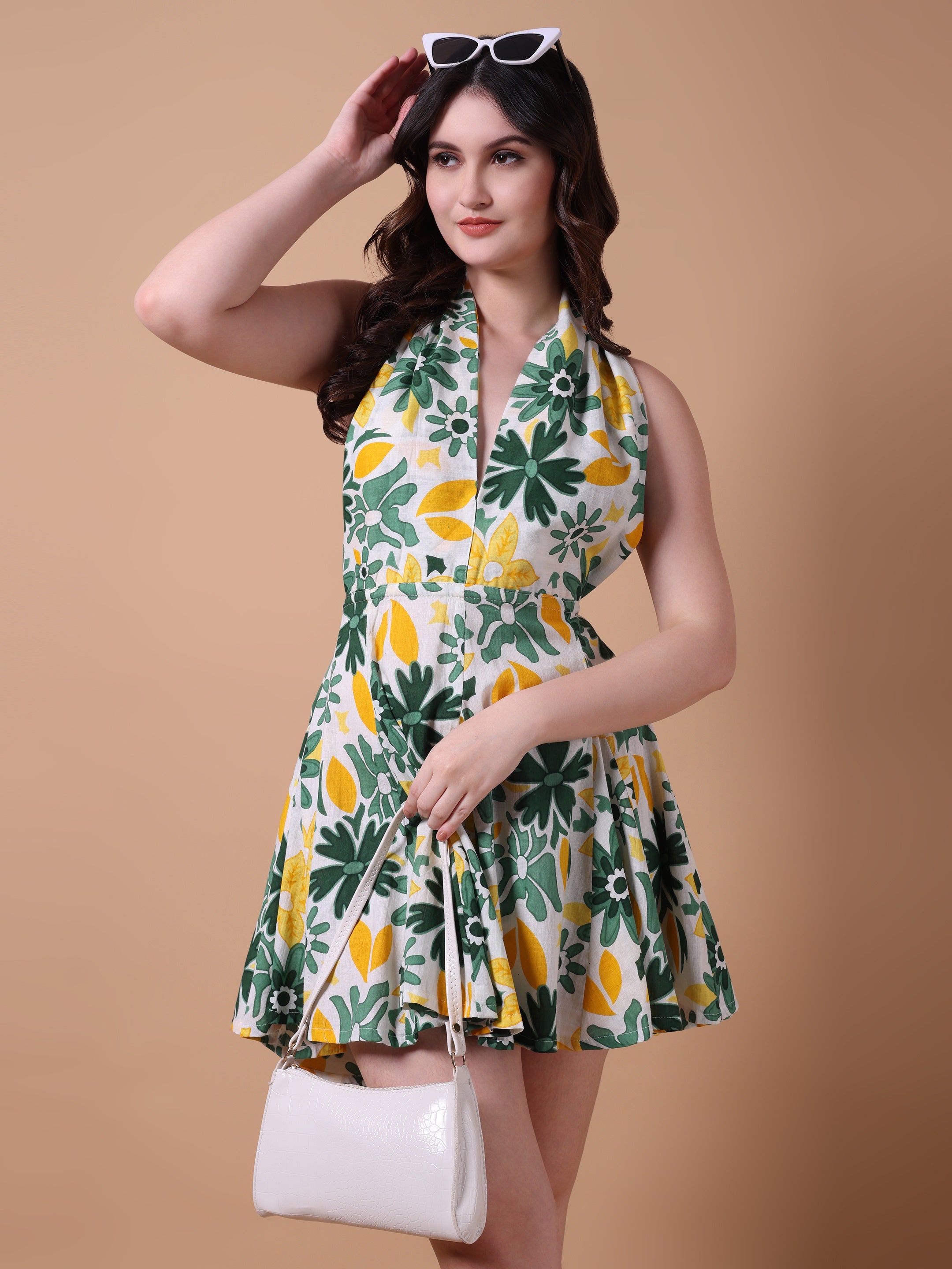 Green & Yellow Floral Mini Dress