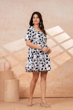 Women's Black & White Floral Print Fit & Flare Mini Dress
