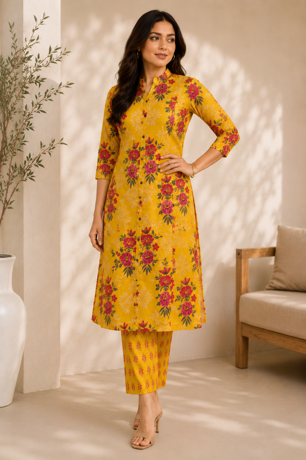 Mustard Floral Kurta Set