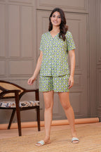 Olive Green Elephant Printed Cotton Night Suit Shorts Set for Women