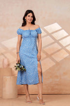 Blue Floral Printed Rayon Midi Dress with Side Slit