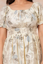 Women's Cream Floral Print Smocked Waist Mini Dress