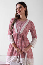 Pink Printed Viscose Rayon Tiered Midi Dress for Women