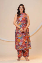 Rust Multi-Print Viscose Rayon A-Line Kurta Set for Women