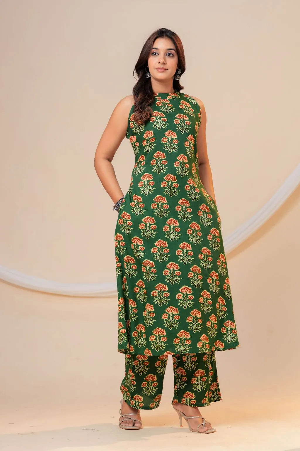 Green Floral Printed Viscose Rayon Kurta Pant Co-Ord Set