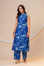 Women's Blue Printed Viscose Rayon Kurta Pant Co-Ord Set