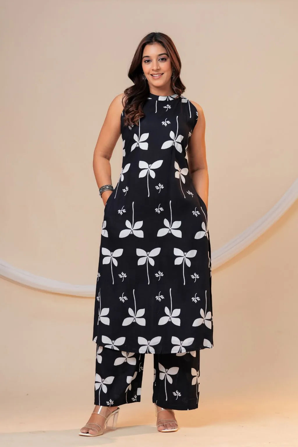 Women's Black Printed Viscose Rayon Kurta Pant Co-Ord Set