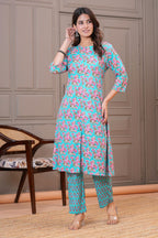 Turquoise Floral Printed Pure Cotton Kurta Pant Set for Women