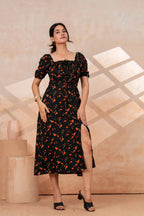 Black Floral Printed Rayon Midi Dress with Side Slit