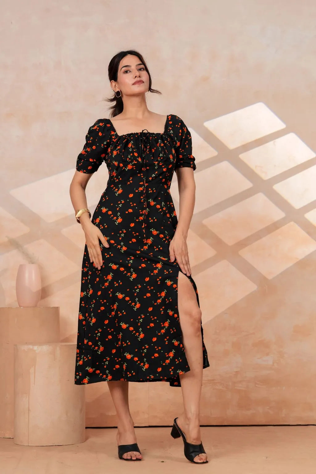 Black Floral Printed Rayon Midi Dress with Side Slit