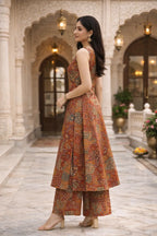 Rust Multi-Print Viscose Rayon A-Line Kurta Set for Women