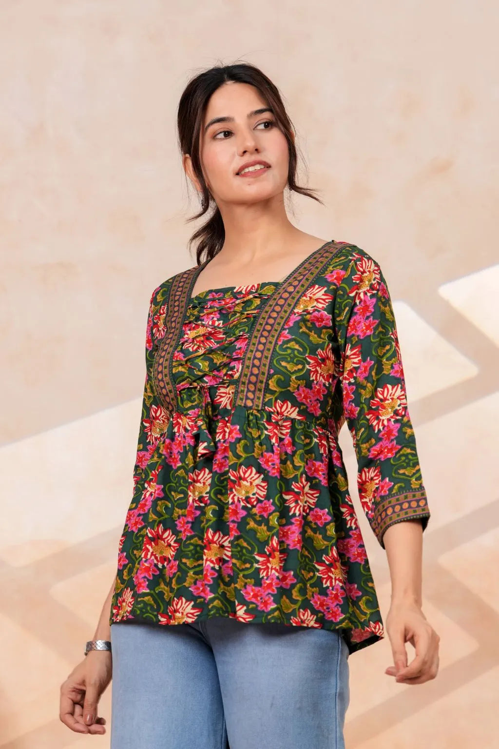 Women's Floral Printed Rayon Peplum Top | 3/4 Sleeves | Lace-Up Front Detail