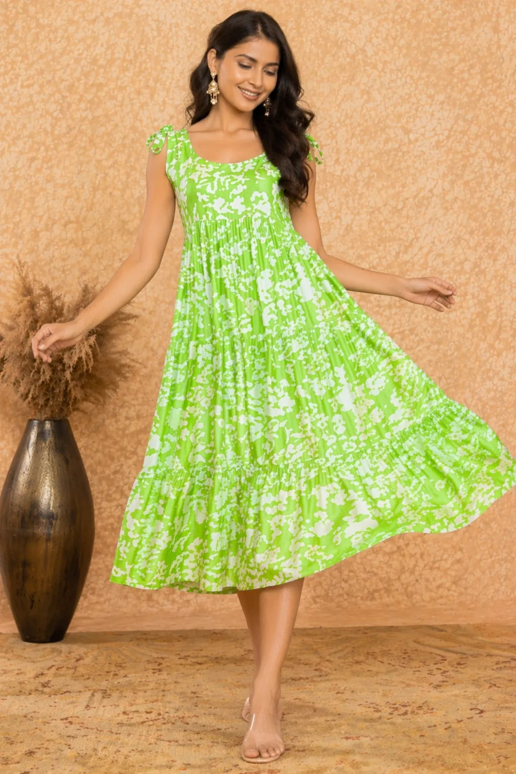 Women Green Printed Viscose Rayon Midi Dress | Sleeveless Tie-Up Strap A-Line Dress