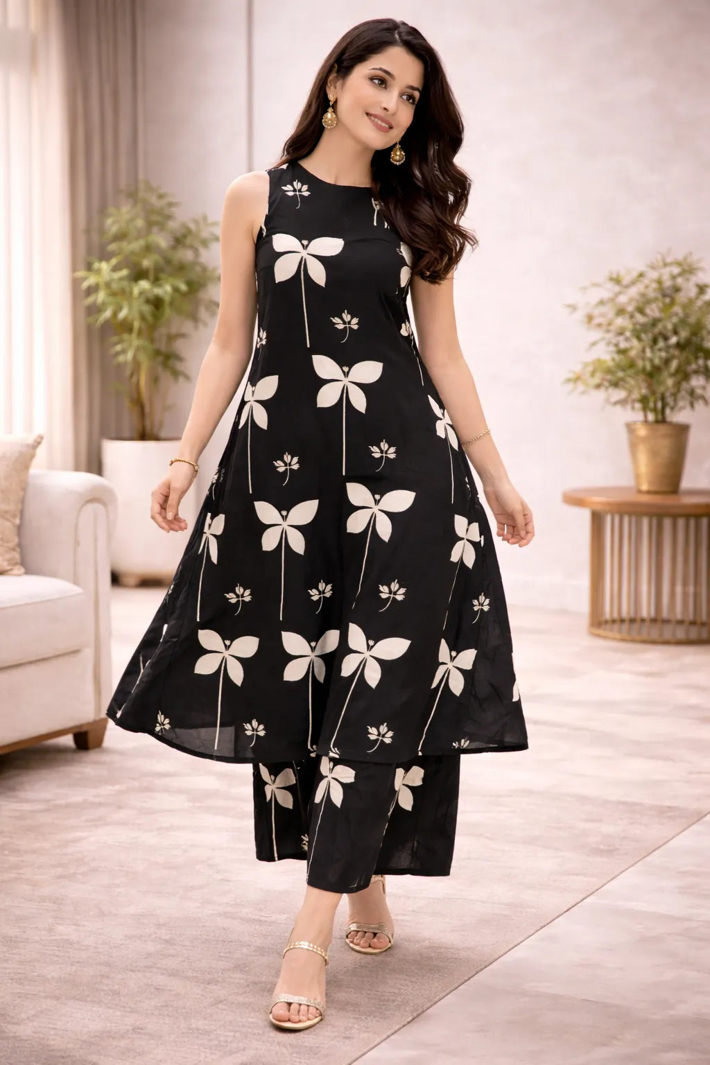 Black Printed Viscose Rayon Kurta Set for Women