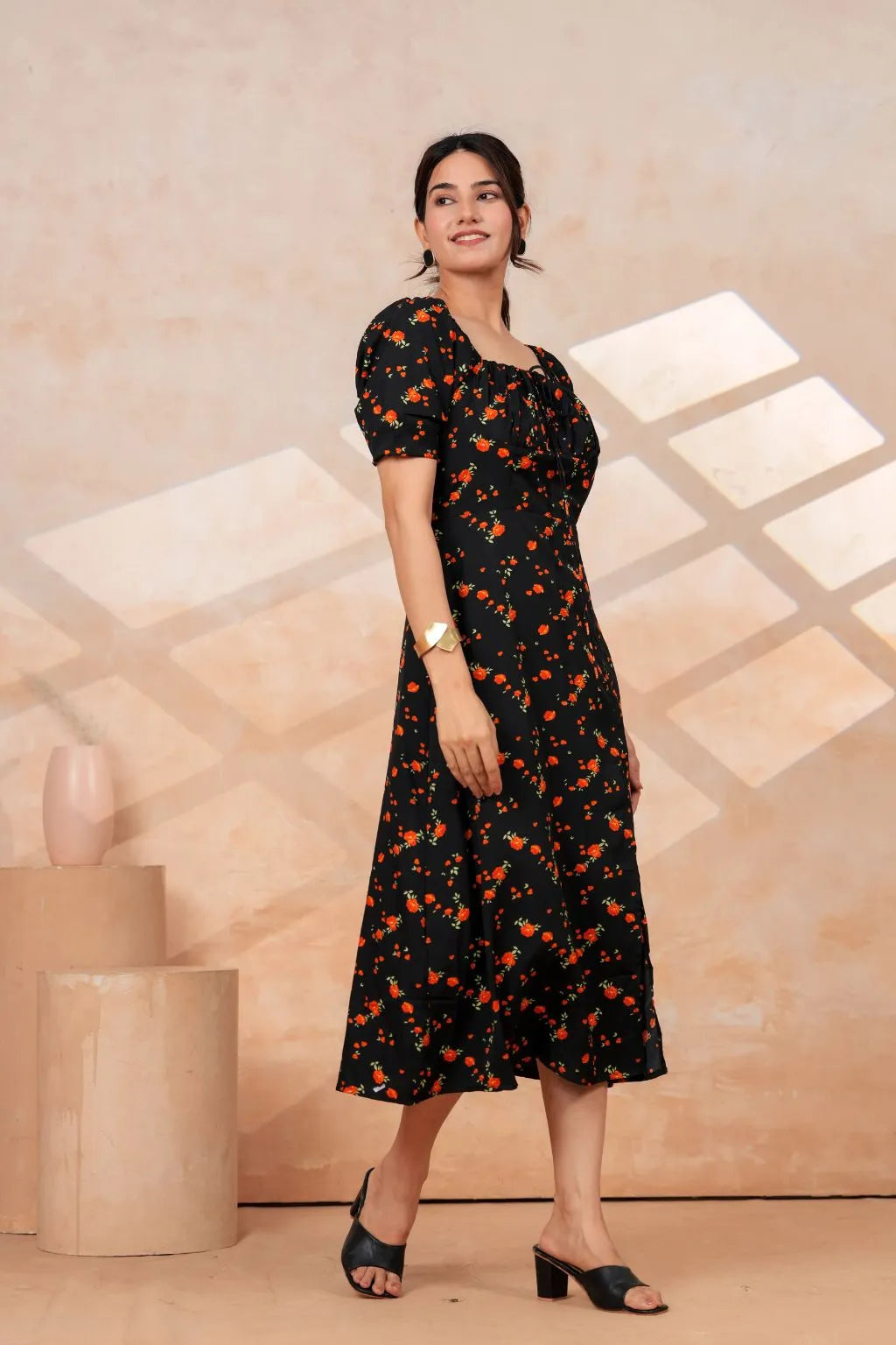 Black Floral Printed Rayon Midi Dress with Side Slit