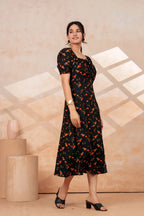 Black Floral Printed Rayon Midi Dress with Side Slit