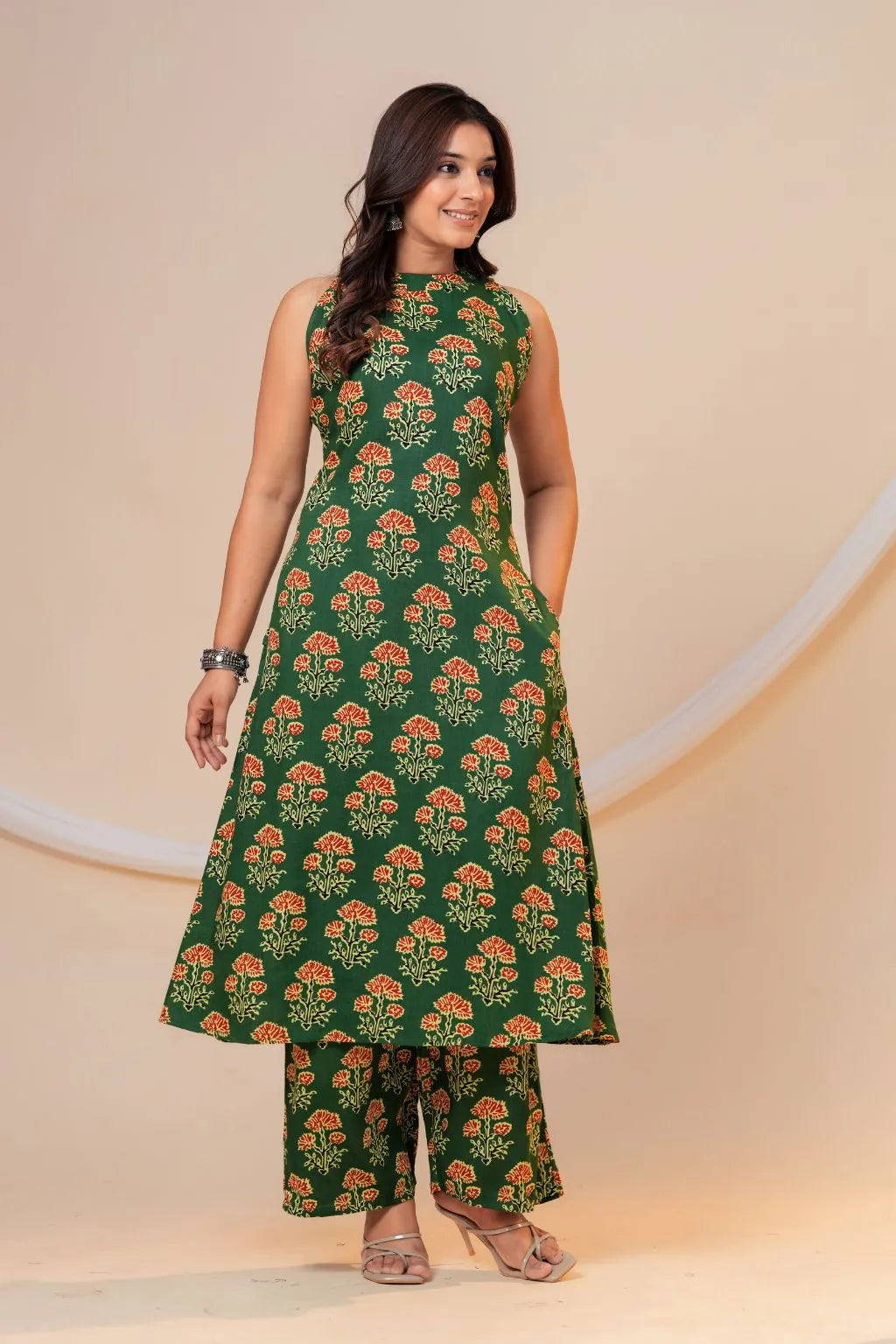 Green Floral Printed Viscose Rayon Kurta Pant Co-Ord Set