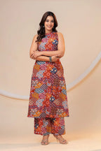 Rust Multi-Print Viscose Rayon A-Line Kurta Set for Women