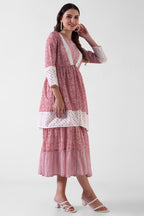 Pink Printed Viscose Rayon Tiered Midi Dress for Women
