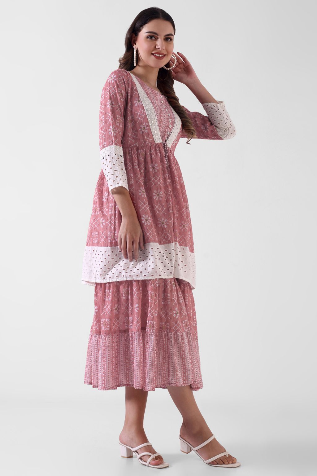 Pink Printed Viscose Rayon Tiered Midi Dress for Women