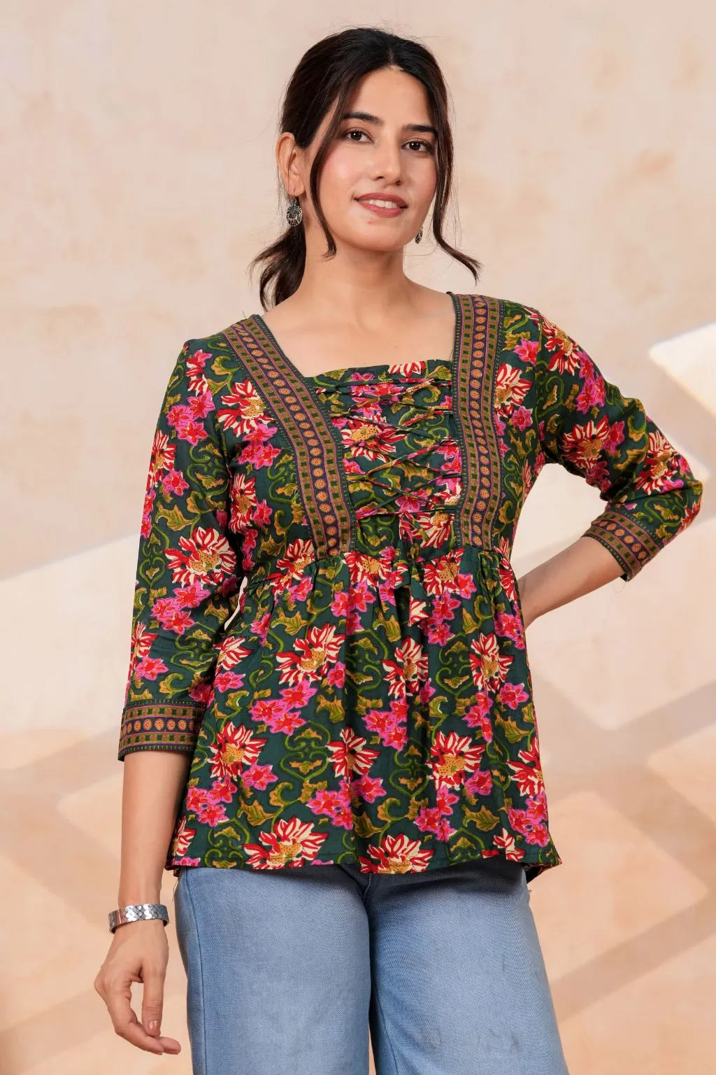 Women's Floral Printed Rayon Peplum Top | 3/4 Sleeves | Lace-Up Front Detail