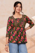 Women's Floral Printed Rayon Peplum Top | 3/4 Sleeves | Lace-Up Front Detail