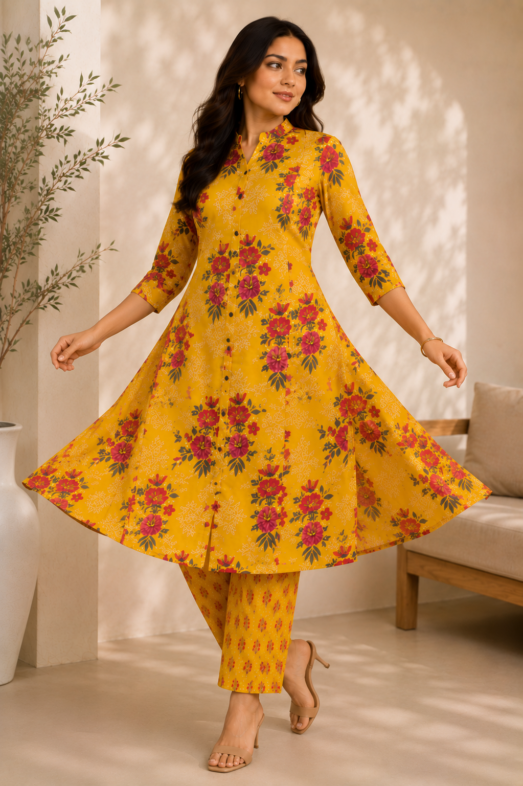 Mustard Floral Kurta Set