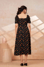Black Floral Printed Rayon Midi Dress with Side Slit