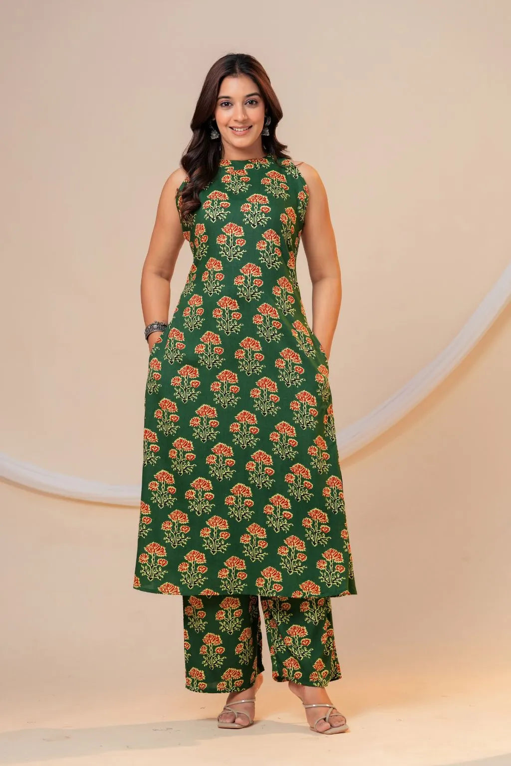 Green Floral Printed Viscose Rayon Kurta Pant Co-Ord Set