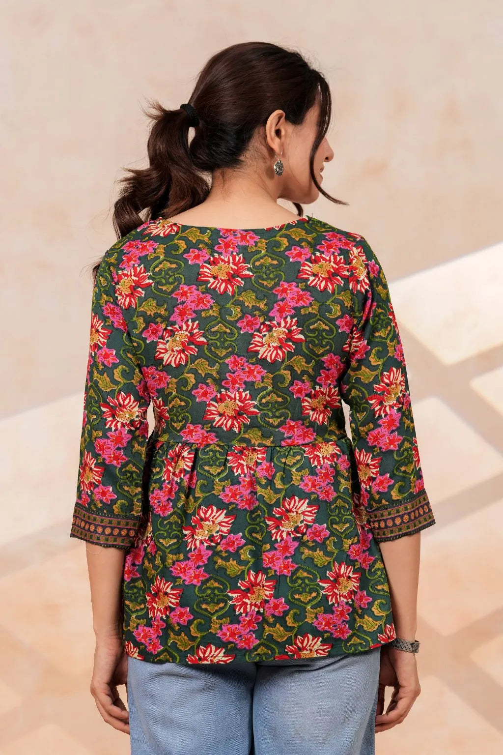 Women's Floral Printed Rayon Peplum Top | 3/4 Sleeves | Lace-Up Front Detail