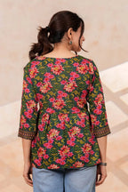 Women's Floral Printed Rayon Peplum Top | 3/4 Sleeves | Lace-Up Front Detail