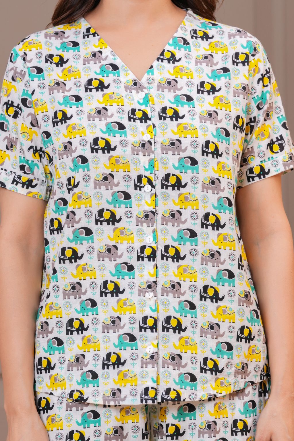 Grey Elephant Printed Cotton Night Suit Shorts Set for Women