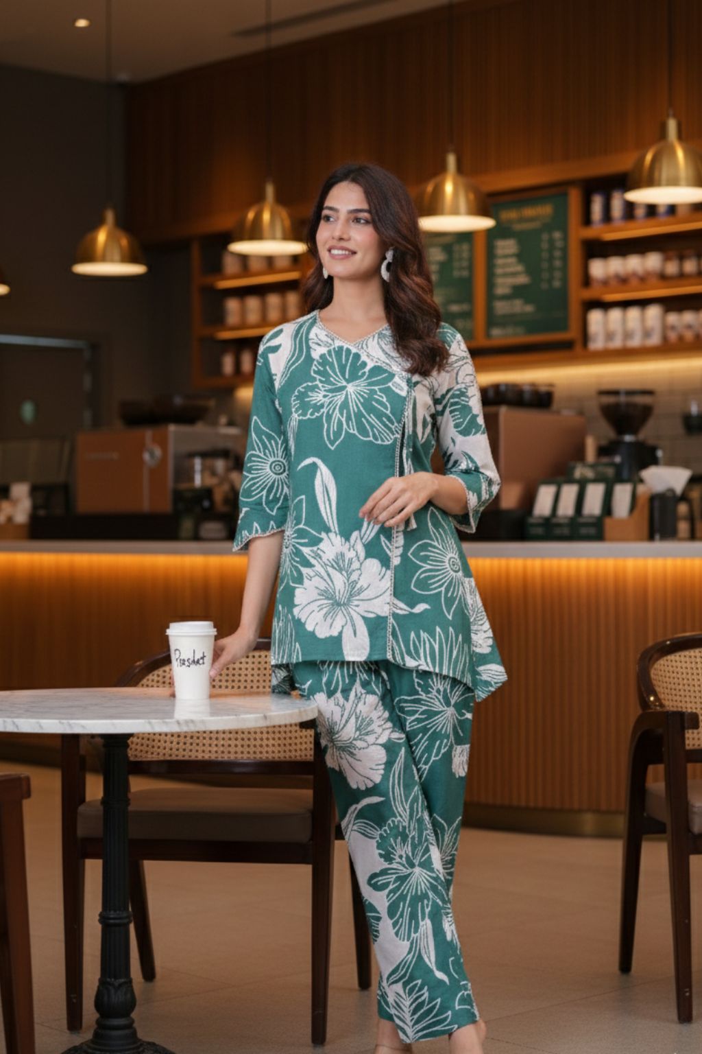 Green Floral Printed Cotton Co-ord Set for Women