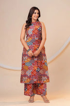 Rust Multi-Print Viscose Rayon A-Line Kurta Set for Women