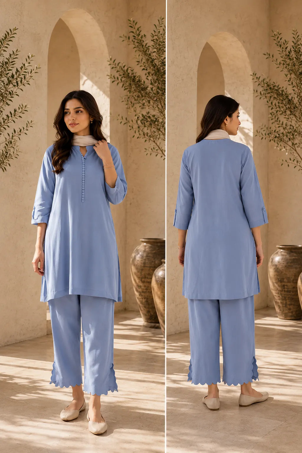 Chaaya :- A Sky Blue Embroidered Kurta & Scalloped Pant Set