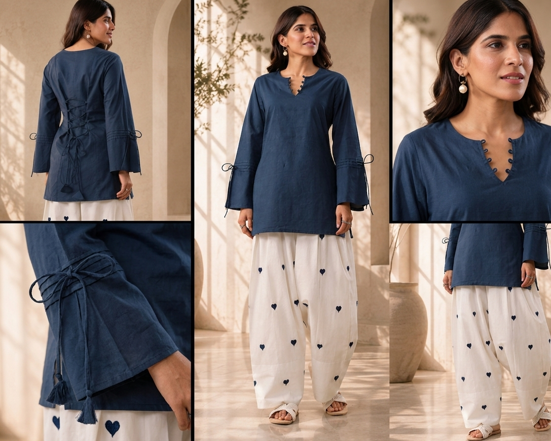 Sitara :- A Navy Blue Heart Print Kurta Farsi Salwar Set