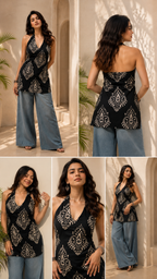 Manushree :- A Black Traditional Printed Halter Neck Kurti