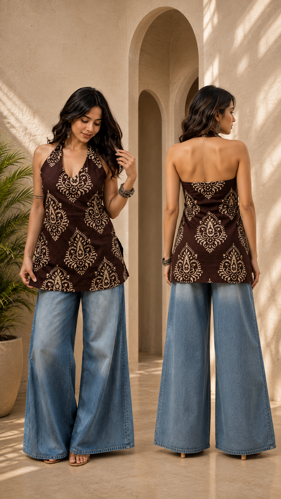 Rangriti :- A Brown Printed Halter Neck Indo-Western Kurti