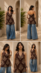 Rangriti :- A Brown Printed Halter Neck Indo-Western Kurti